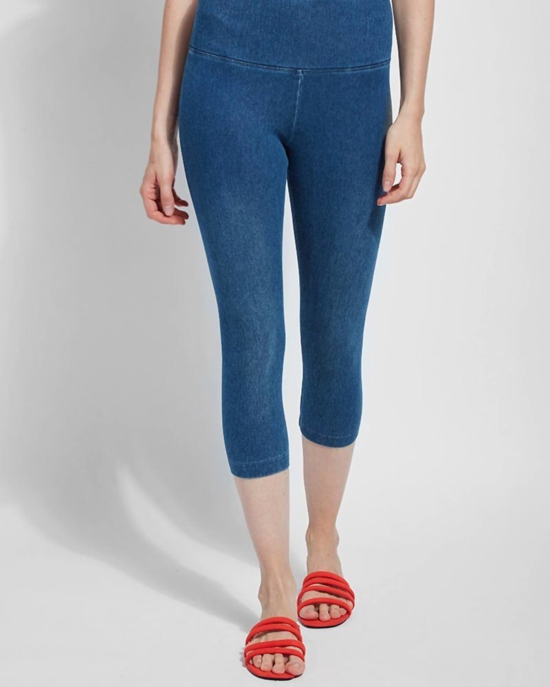 Front of a model wearing a size large Denim Capri Legging In Mid Wash in Mid Wash by Lysse. | dia_product_style_image_id:351067